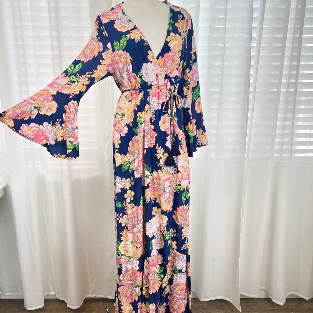 Maaji Floral Bell Sleeve Wrap Maxi Dress cover up kimono women's‎ M Boho floral